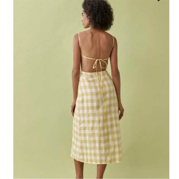 Reformation Nia Linen Midi Dress Open Back Yellow Dandelion Check Gingham - Picture 2 of 13